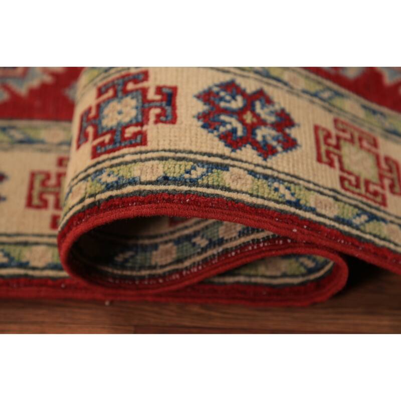 Red Geometric Kazak Foyer Rug Handmade Wool Carpet - 2'8" x 4'3"
