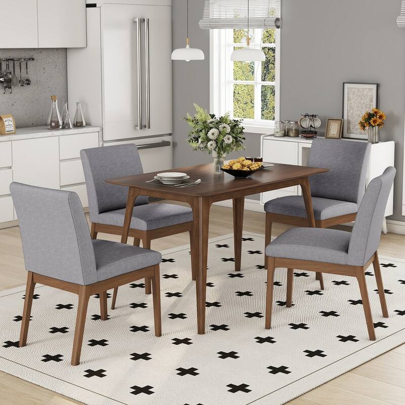 5-Piece Solid Wood Dining Table Set with 4 Upholstered Chairs - Grey,Walnut