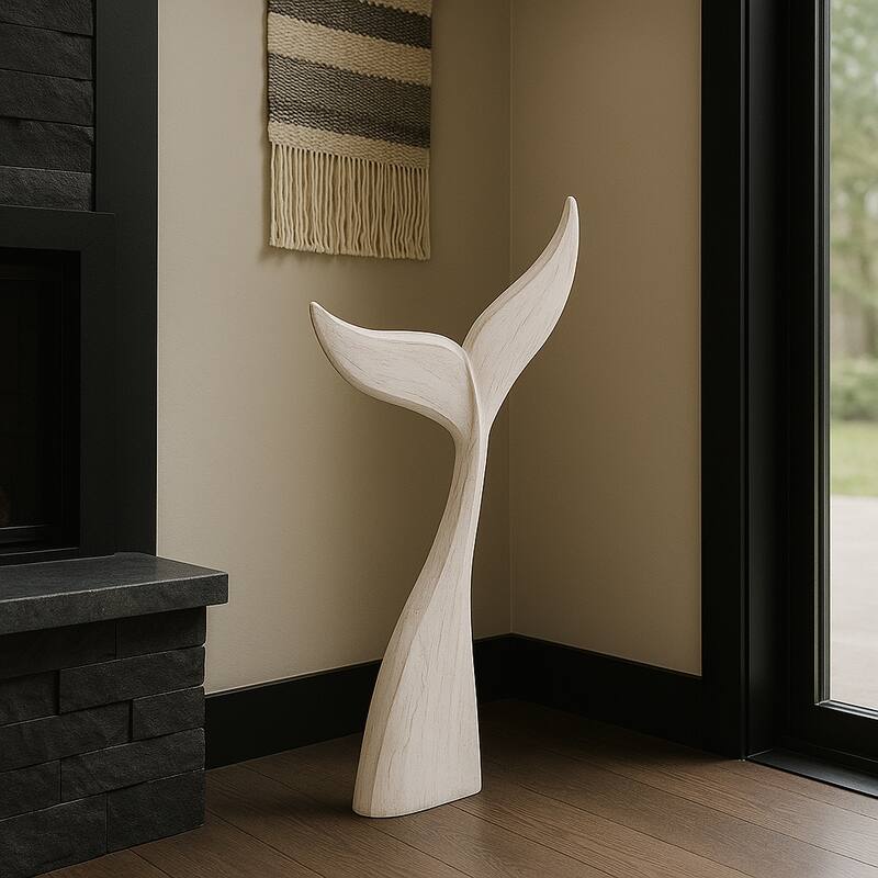 Artistic Wood Whale Tail Figurine Sculpture Home Decor - White