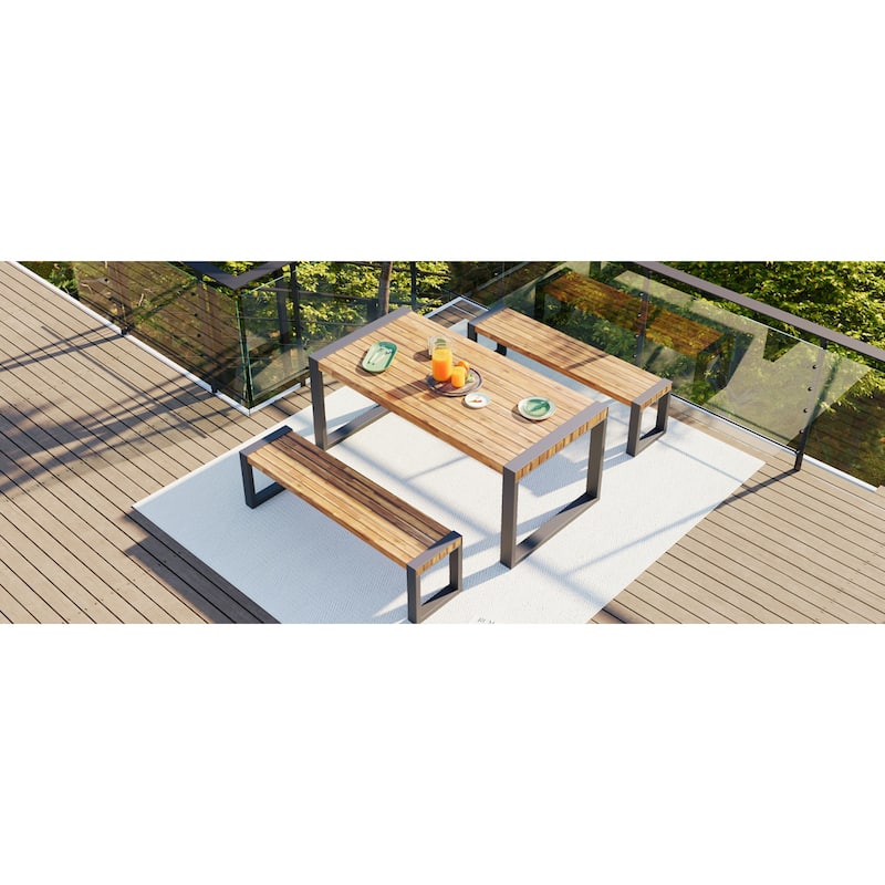 Roomfitters 3-Piece Outdoor Dining Set with Rectangular Table and 2 Benches, Industrial Patio Picnic Furniture, Acacia Wood