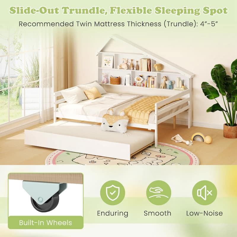 Gymax Full Size Daybed w/ Twin Size Trundle Bedside Bookshelf &