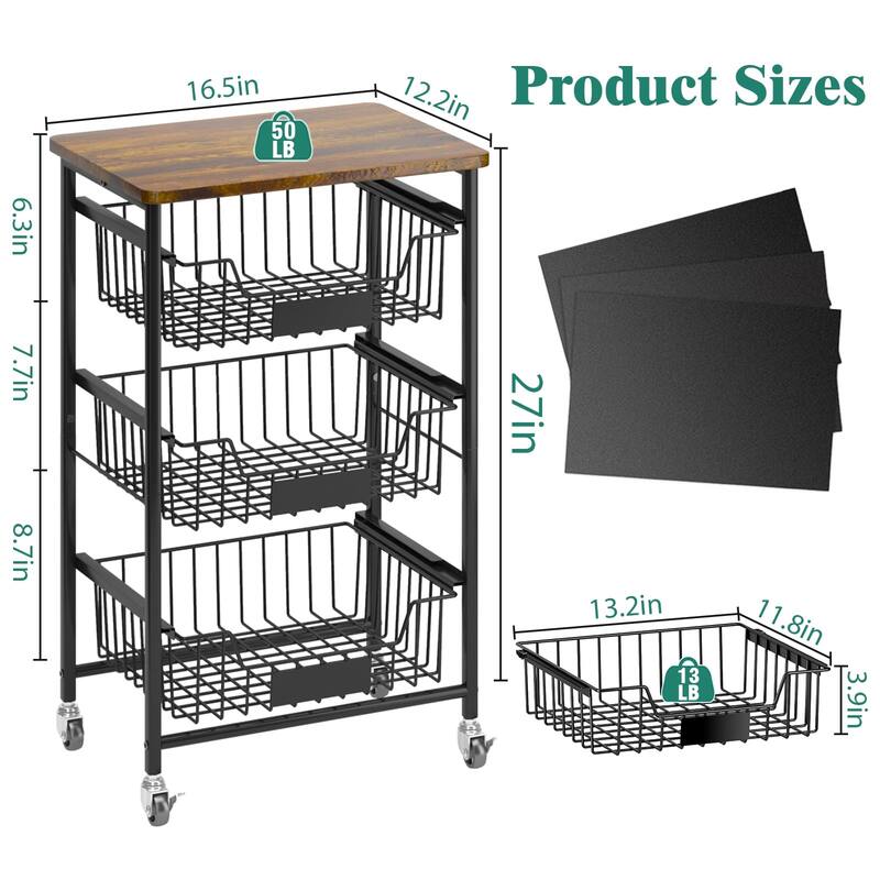 Kitchen Storage Cart with Wheels,4-Tier Metal Utility Rolling Cart Fruit Vegetable Storage Basket Pantry Rack