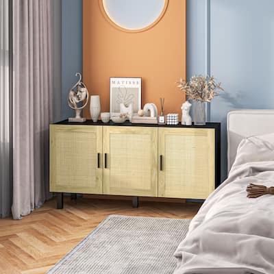 Boho Buffet Sideboard Kitchen Storage Cabinet with Adjustable Shelves, Rattan Woven Doors Coffee Bar Cabinet Console Table