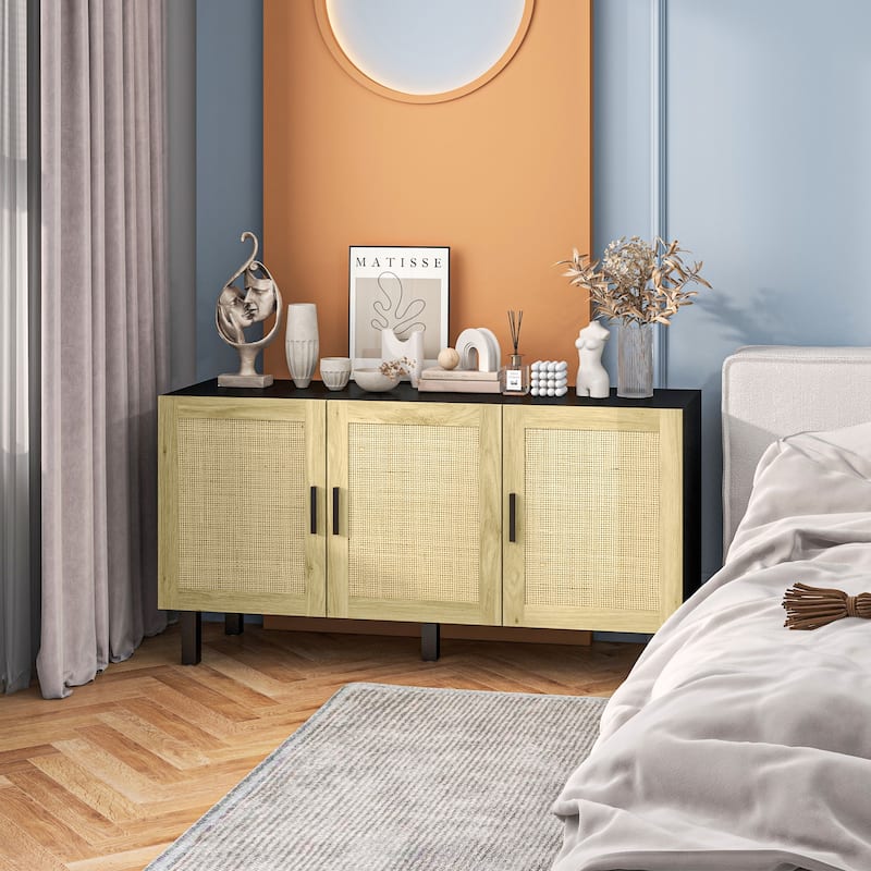 Rattan Woven Design Kitchen Storage Cabinet / Boho Buffet Sideboard