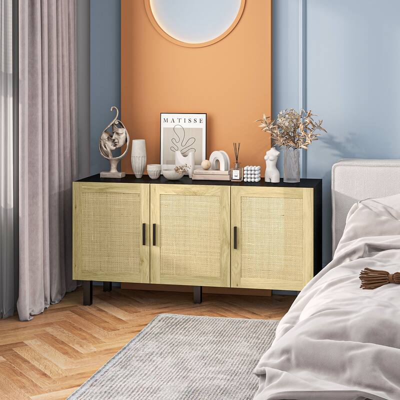 Sideboard Buffet Cabinet, Kitchen Cabinet, Coffee Bar Cabinet with 3 Rattan Doors and Adjustable Shelves, Black and Natural