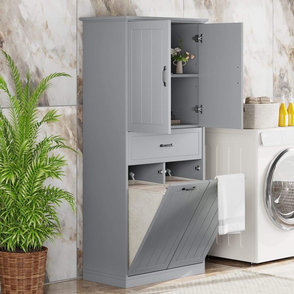 Tall Laundry Floor Cabinet with Removable Baskets, Waterproof Bathroom Storage Cabinet with Adjustable Shelf & Drawer