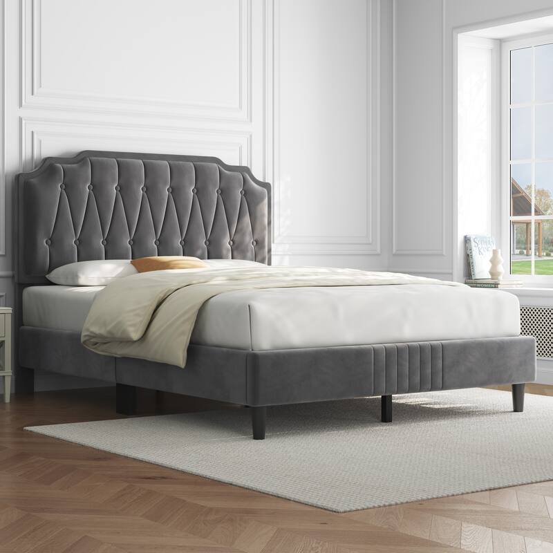 Yaheetech Wooden Slat Support Bed Frame with Button Tufted Headboard - Dark Grey - Full