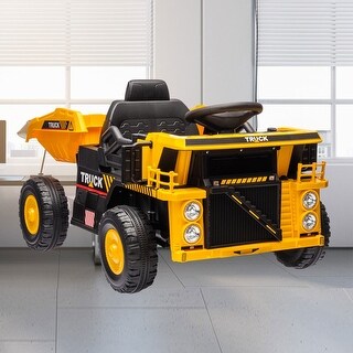 12V Kids Electric Ride-On Dump Truck with Automatic Lifting Bed, Music Player, and Spring Suspension for Ages 3-5 - Yellow