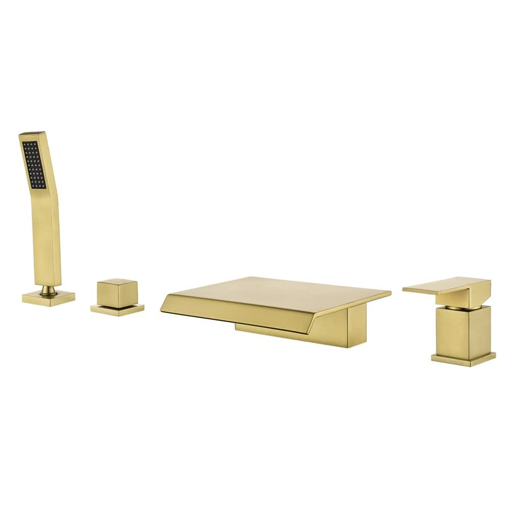 Waterfall Deck Mount Tub Faucet with Handheld Shower Brass 4 Holes Modern Bathtub Filler with Hand Sprayer
