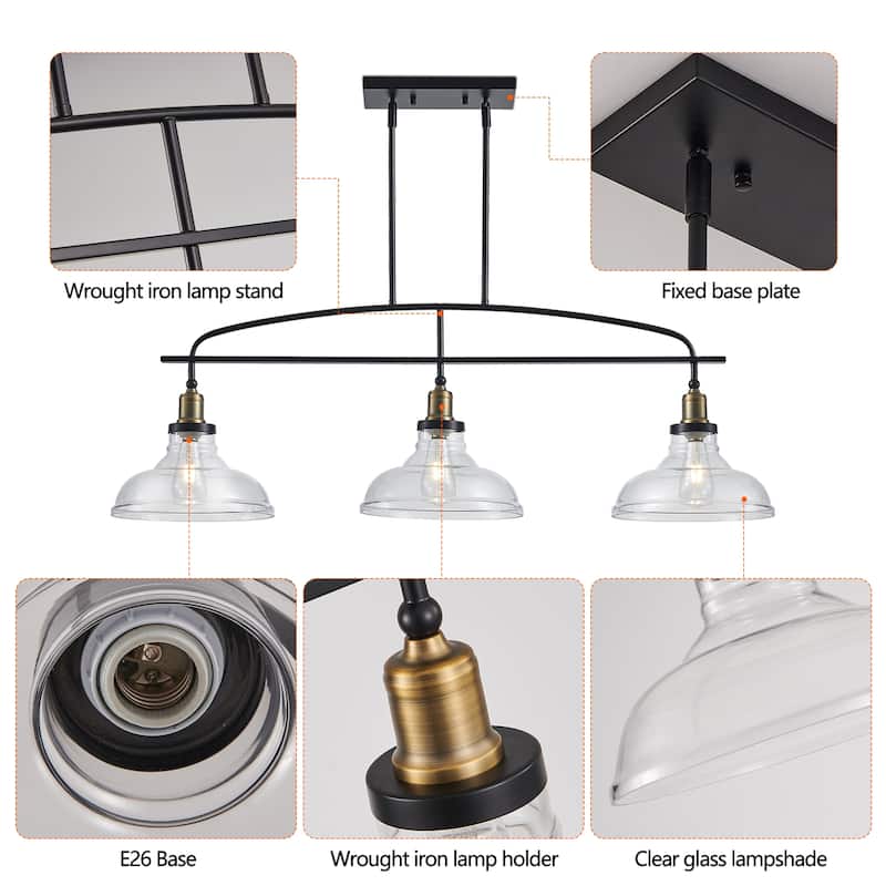 Industrial 3-Light Pendant Chandelier with Clear Glass Shades, Black Metal Frame, Adjustable Height