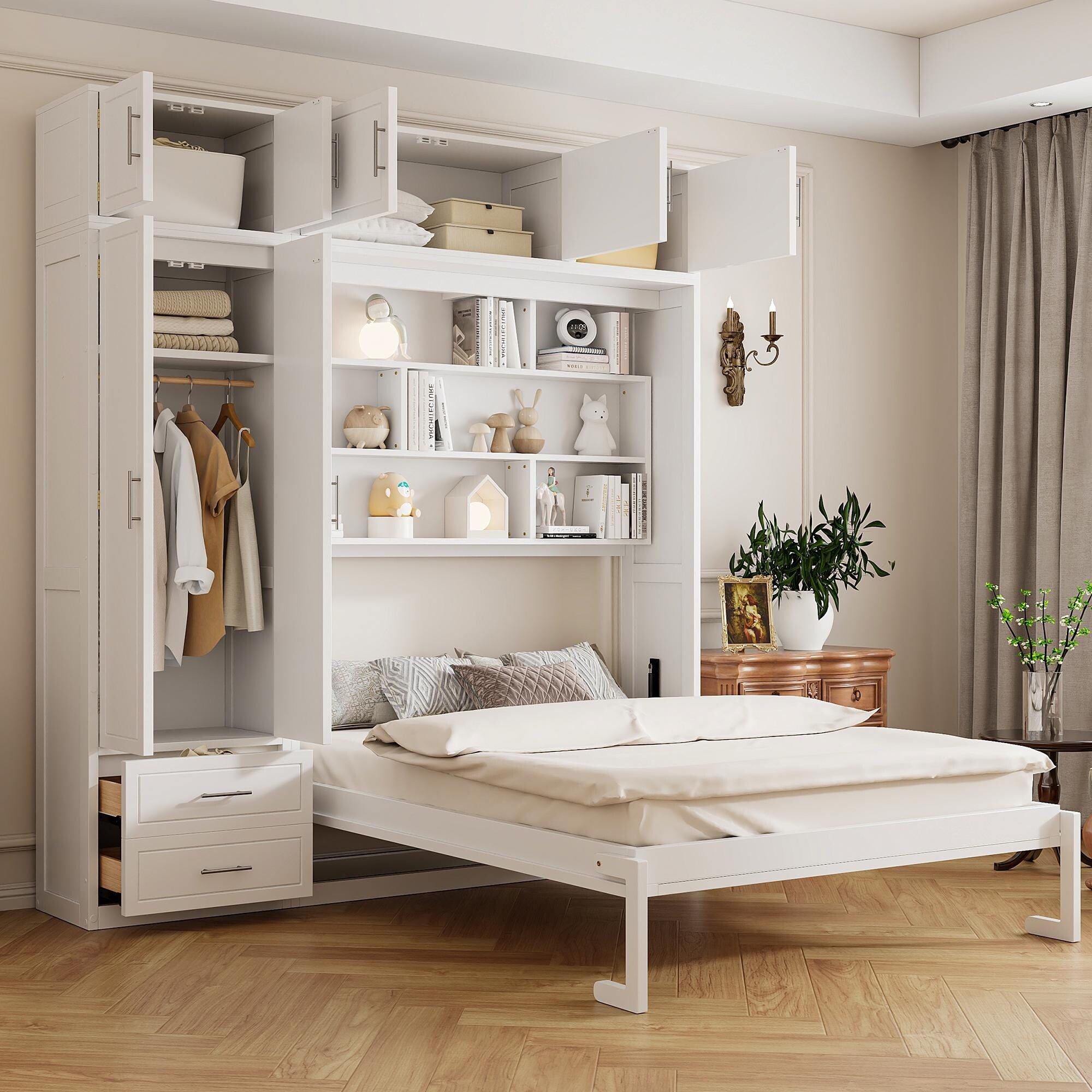 Queen Murphy Bed with Storage Cabinets, Shelves, and Wardrobe