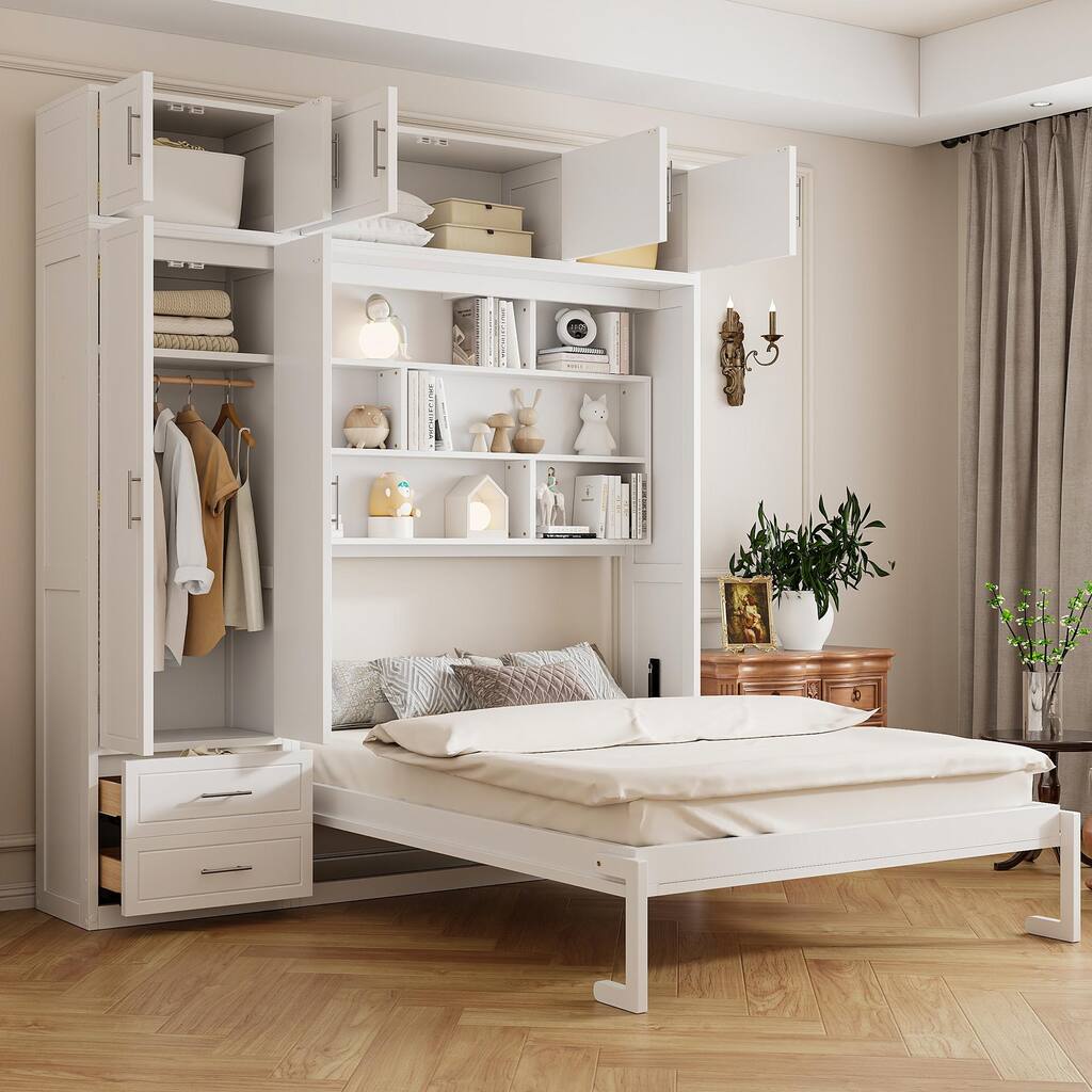 Queen Size Wall Murphy Bed with Top Cabinet & Shelves, Space-Saving Folding Bed Frame with Wardrobe & 2 Drawers