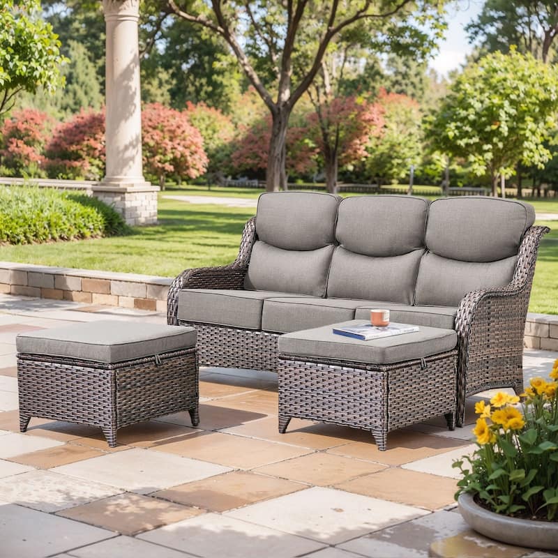 Outdoor Sofa with 6-Inch Thick Cushions Furniture for Porch - Brwon Wicker Grey Cushion - 3PCS Sofa w/ Ottoman
