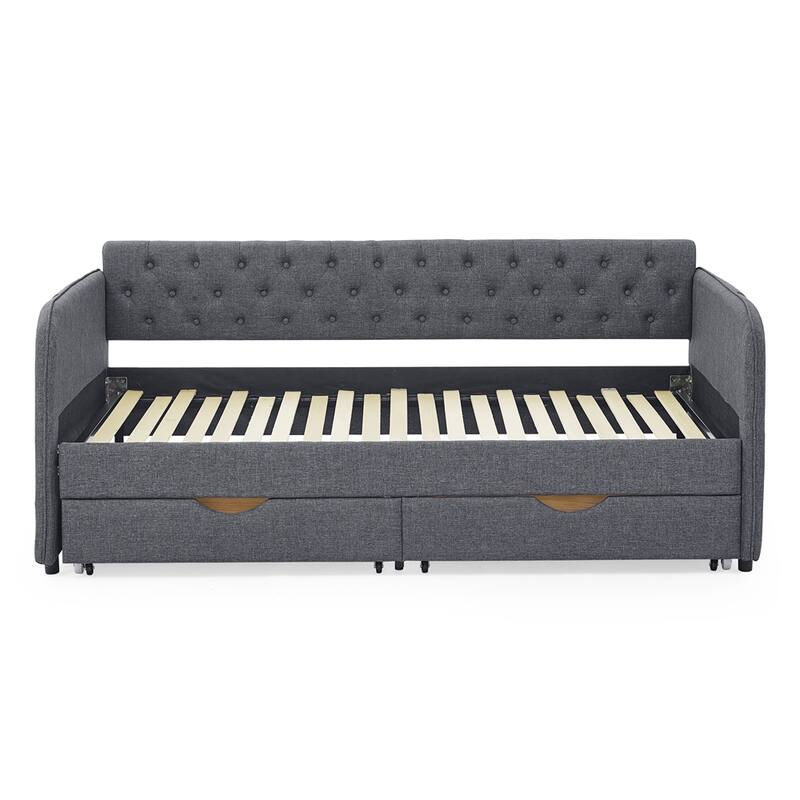 Twin Size Linen Upholstery Daybed with Trundle and 2 Drawers