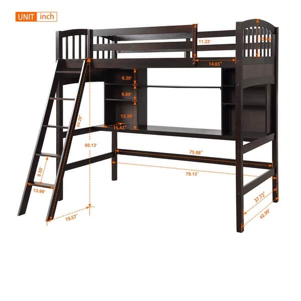 dimension image slide 2 of 3, Twin size Loft Bed with Storage Shelves, Desk and Ladder, White