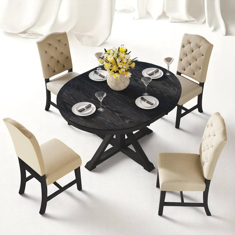 Farmhouse Style Dining Set with Extendable Oval Table and Fabric Chairs, 5-Piece Wood Dining Set