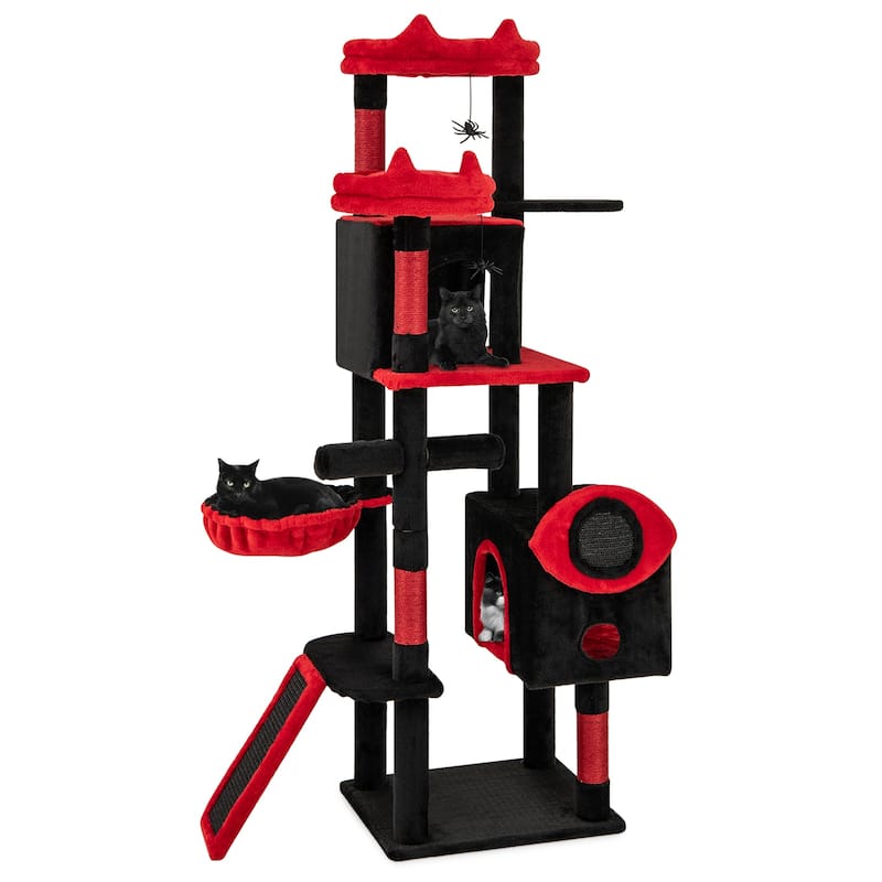 Black and Red Gothic Cat Tree Tower with Condos Perches Hammock and Scratching Posts Multi Level Cat - Black-Red
