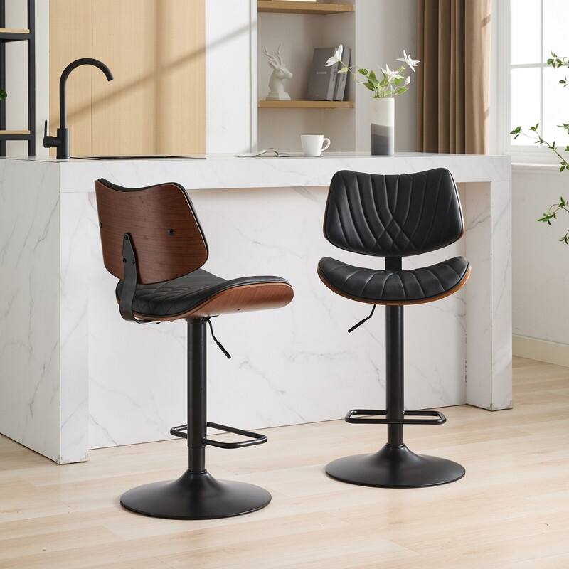 Mid-Century Modern Swivel Bar Stool - Walnut Finish & Faux Leather, Adjustable Counter Height - Black - Set of 2