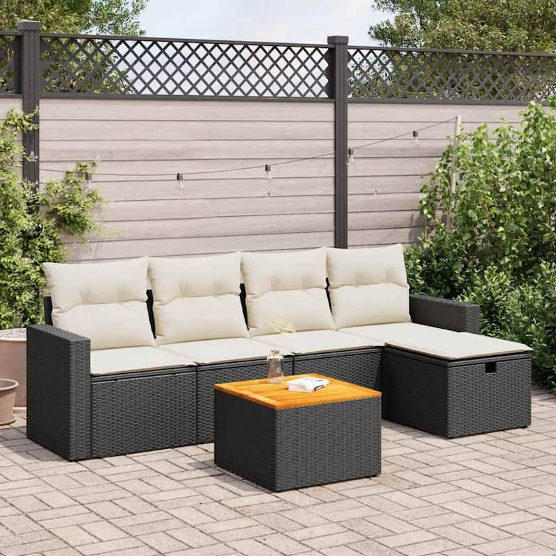 vidaXL Patio Sofa Set with Cushions Outdoor Furniture 6 Piece Poly Rattan - Black and cream Large