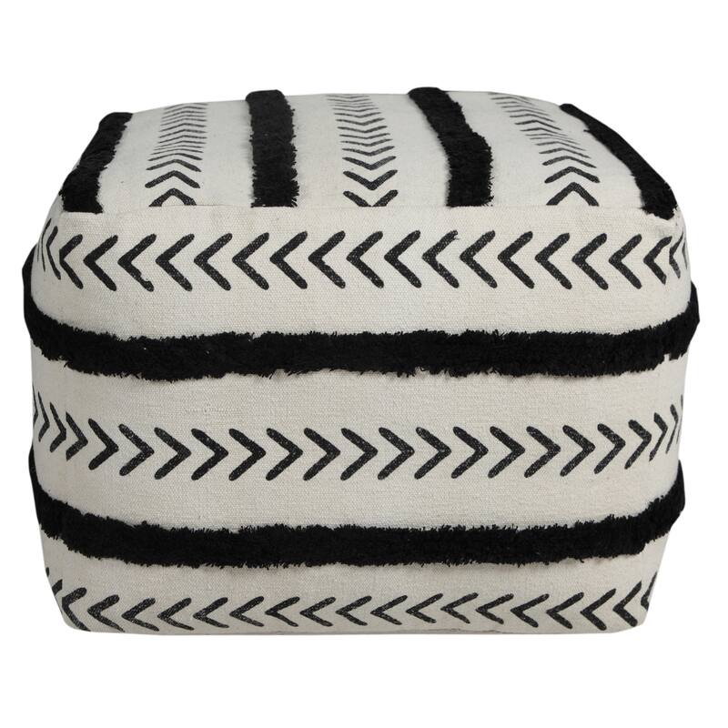 18 Inch White Striped Cotton Pouf Ottoman for Living Room and Bedroom Seating