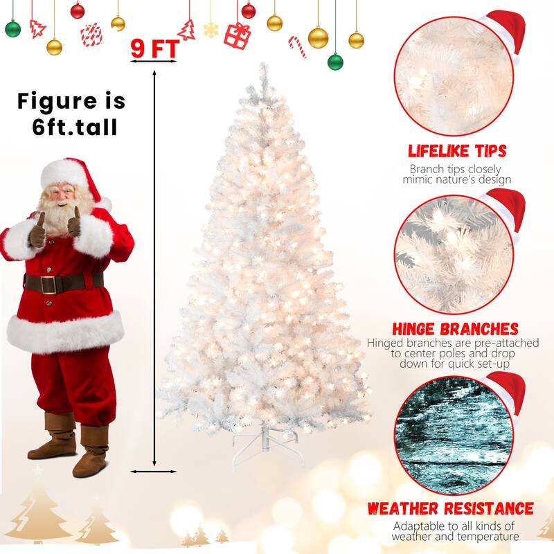 9FT Pre-Lit Christmas Tree with Memory Wire-650 Warm Incandescent Lights, Stable Metal Stand, PVC Artificial Holiday Tree