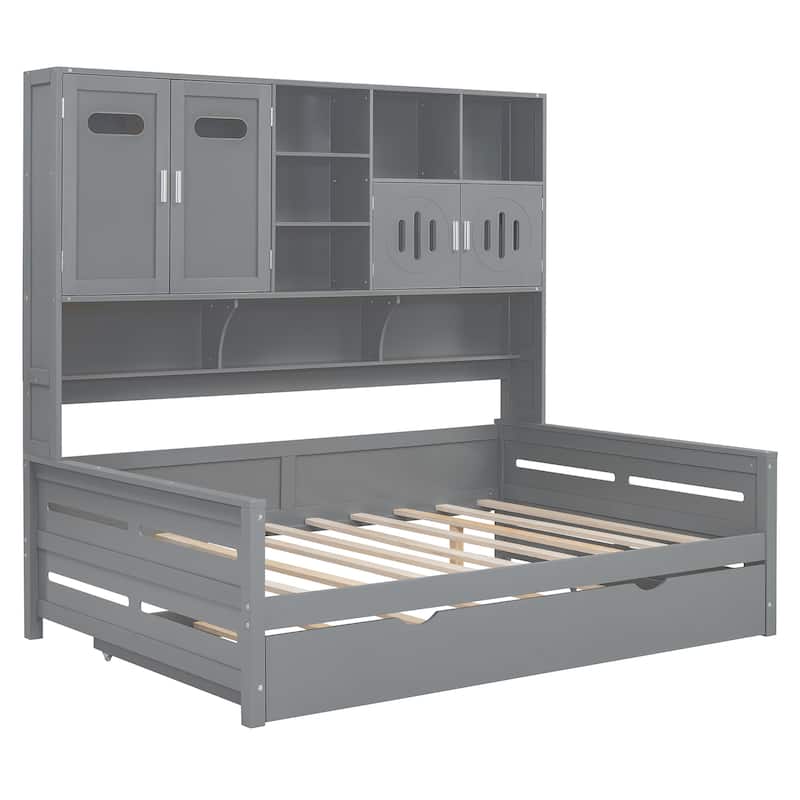 Full Size Wooden Daybed with Twin Trundle, Storage Cabinet & Shelves, Gray