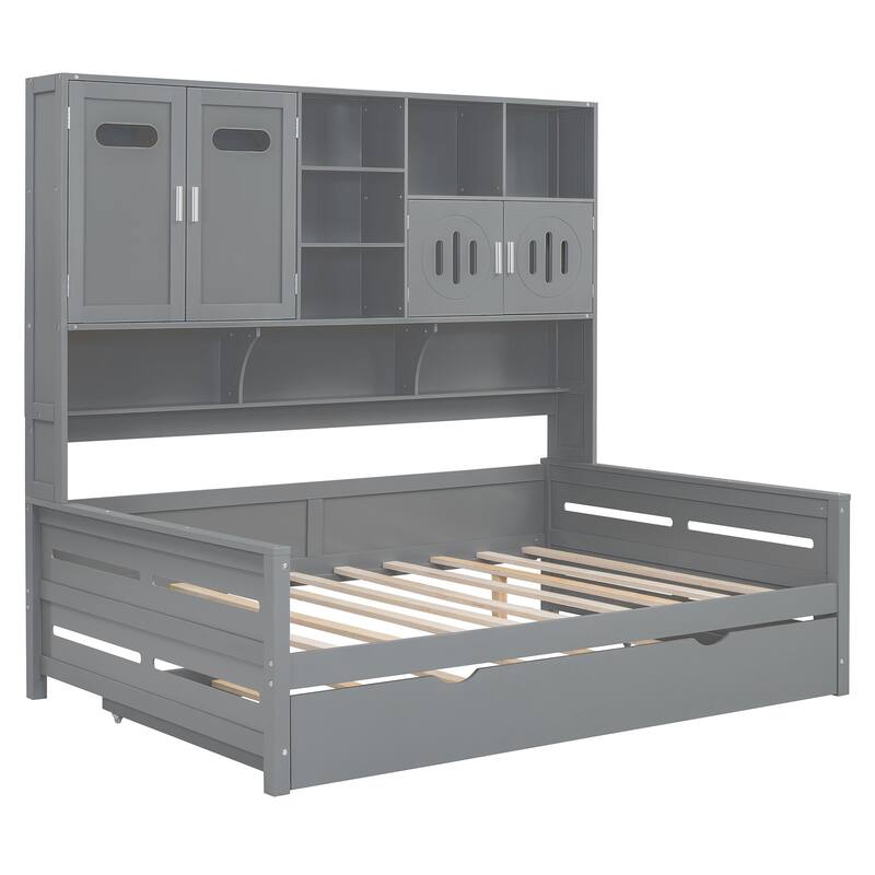 Space-Saving Full Size Daybed with Twin Trundle, Wooden Platform Bed Frame with All-in-One Cabinet & Shelf, No Box Spring Needed