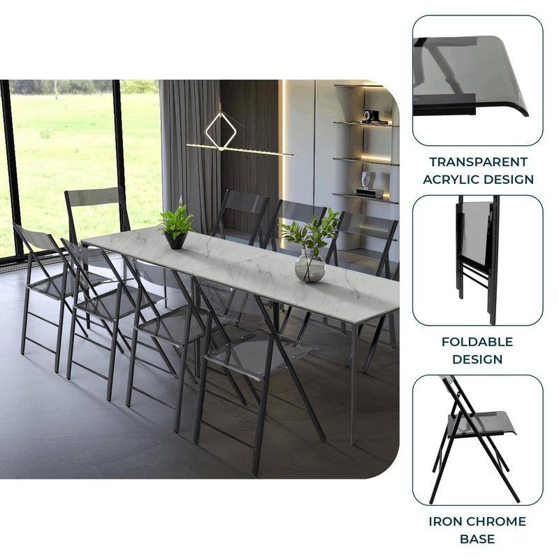 Menno Modern Folding Acrylic Dining Chair in Black Frame Stainless Steel with Rubber Pads, Fade Resistant, Assembled (Set of 2)