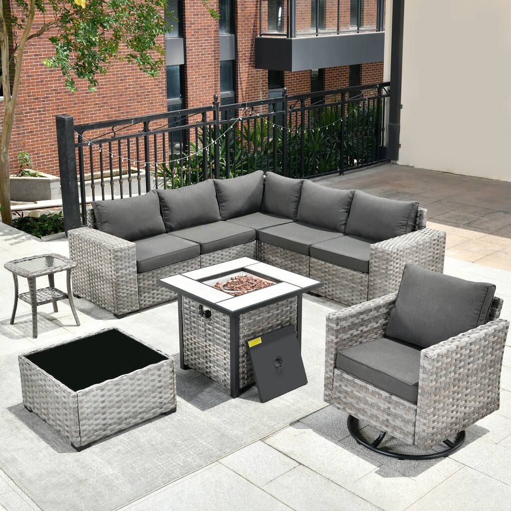 XIZZI 9 Pieces Outdoor Rattan Wicker Furniture Sectional Set with Fire Pit