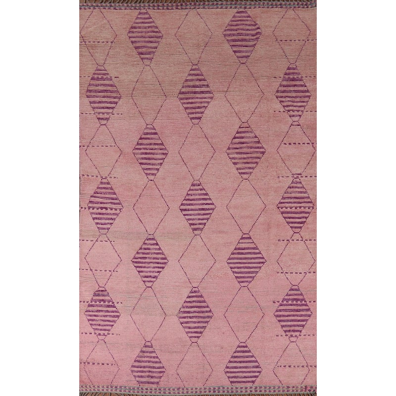 All-Over Pink Geometric Moroccan Area Rug Handmade Wool Carpet - 7'7"x 12'5"