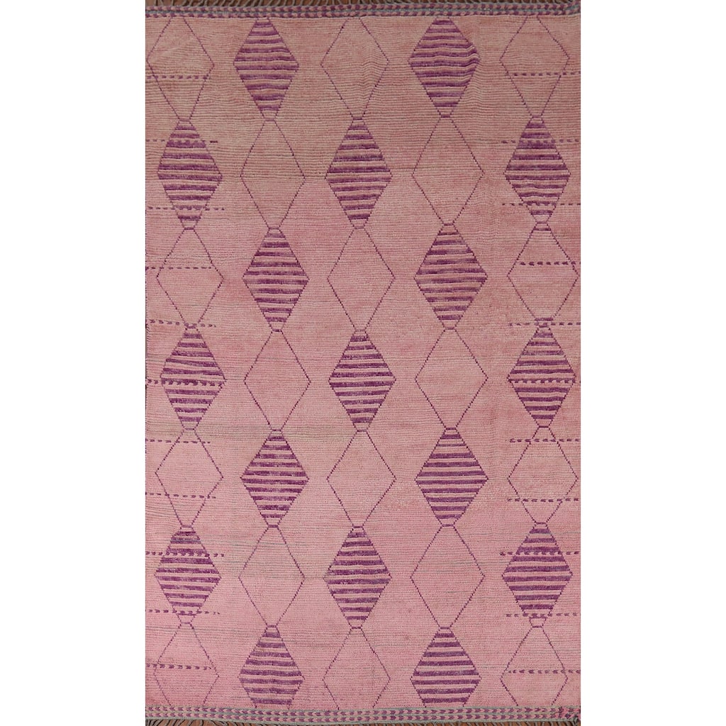 All-Over Pink Geometric Moroccan Area Rug Handmade Wool Carpet - 7'7"x 12'5"