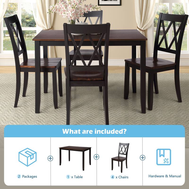 Roomfitters 5-Piece Dining Table Set, Rectangular Wood Kitchen Table and 4 X-back Chairs, Transitional Style