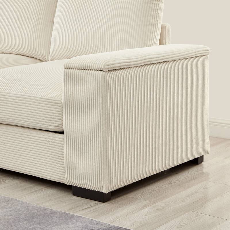 U-shaped corduroy sofa with removable footstool and storage armrests