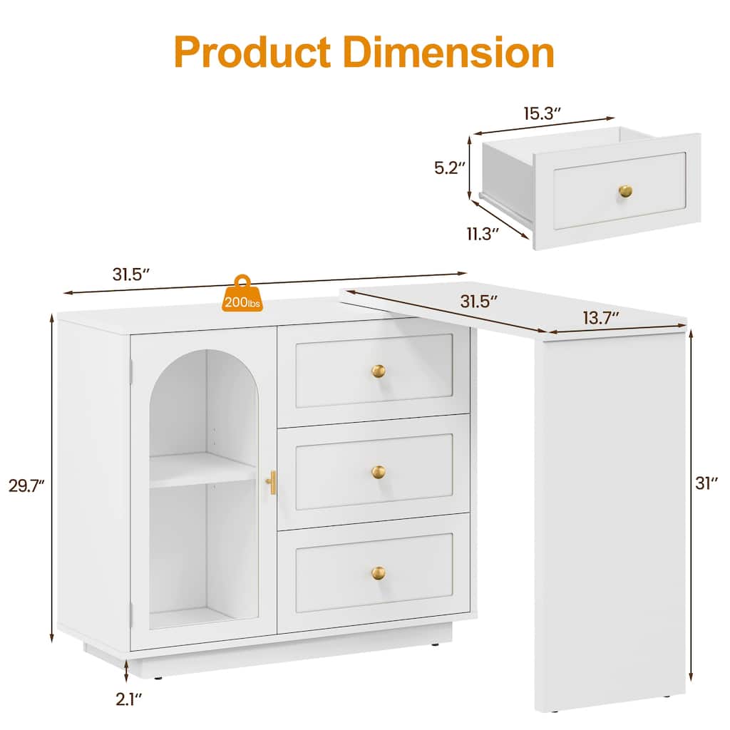 Extendable Makeup Vanity Desk with 3 Drawers & 1 Door