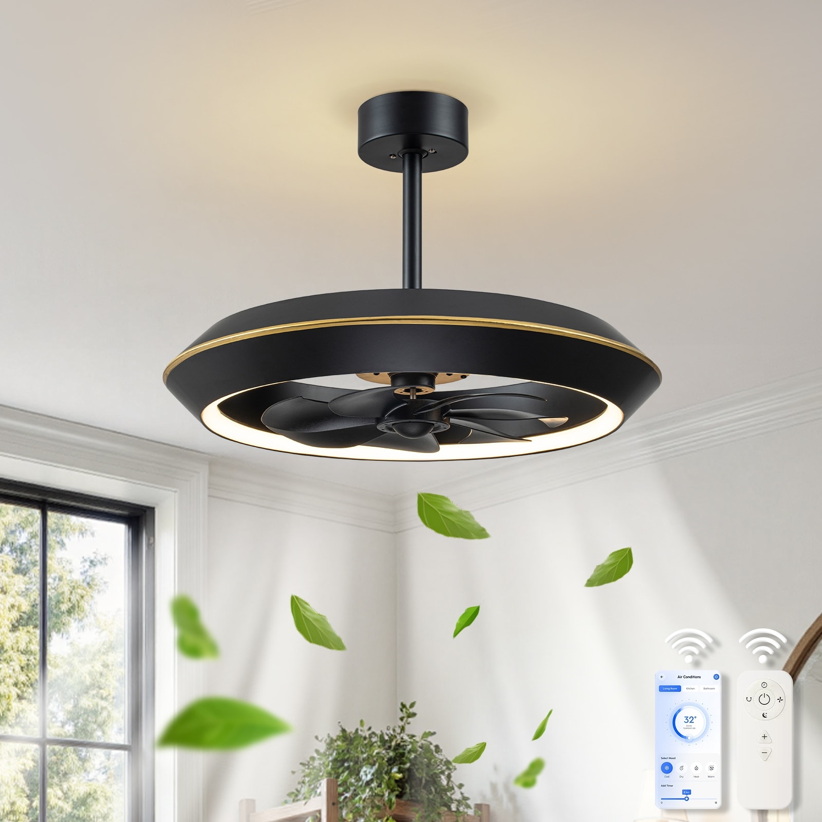 Farmhouse LED Semi Flush Mount Ceiling Fan with LIights - 18 Inches