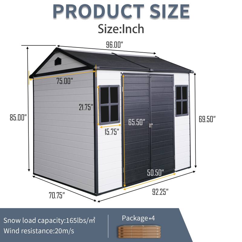 Resin Outdoor Storage Shed UV-Proof Garden Tool Shed with Sloping Roof & Lockable Double Doors, Built-in Floor