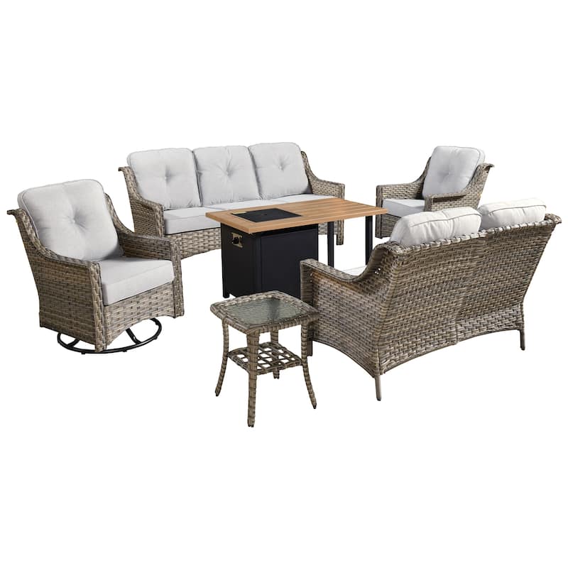 HOOOWOOO 6-piece Wicker Outdoor Conversation Set Swivel Chairs with Fire Pit