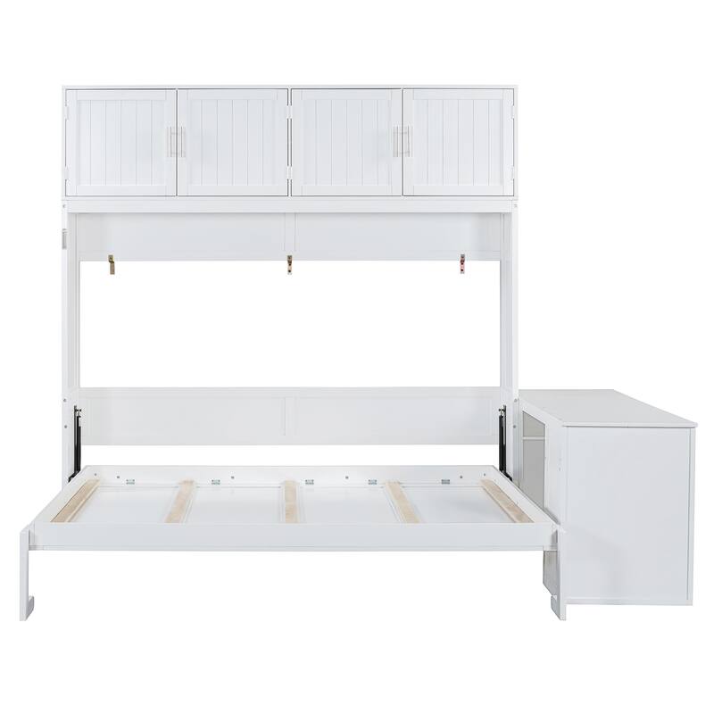 Queen Size Murphy Bed with Desk, Modern Foldable Wall Bed with Storage Shelves and Large Cabinets, Space-Saving Wood Bed Frame