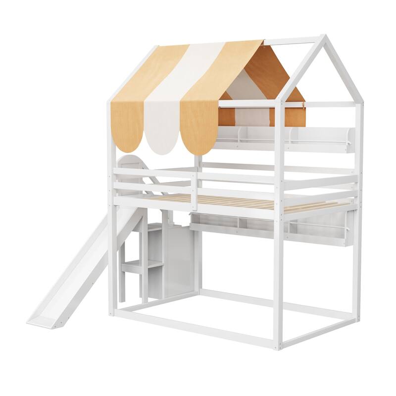 Full Size House Bed with Canopy, Slide & Built-in Bookshelves, Playhouse Bed Frame for Kids