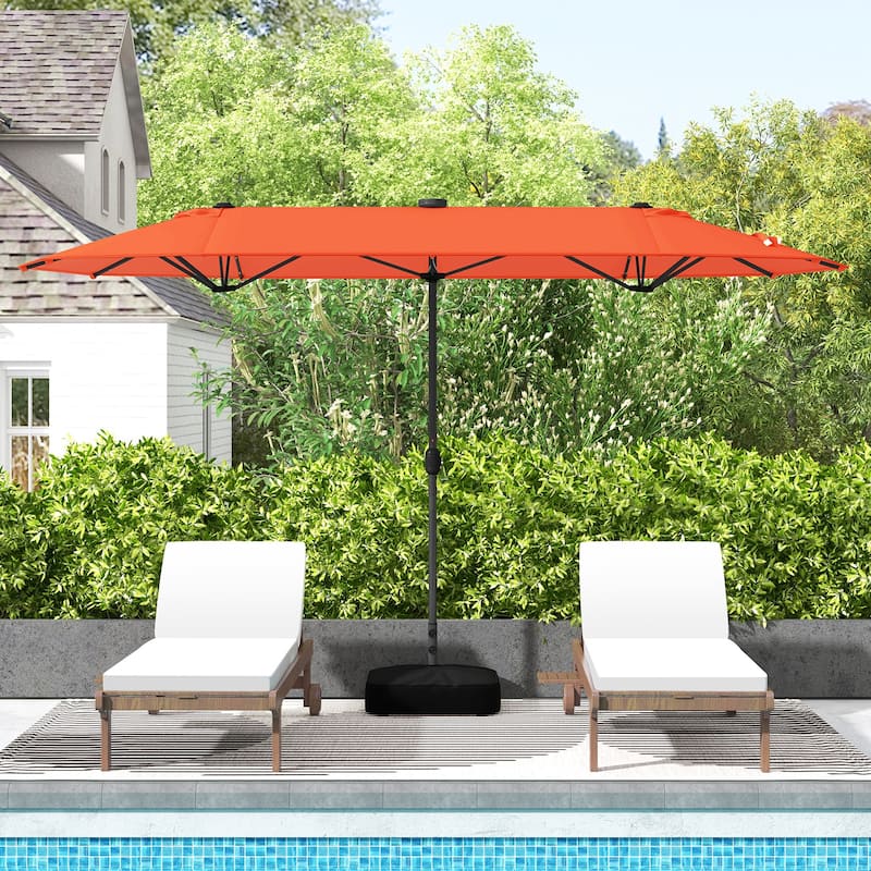 Large 13 Feet Double-Sided Outdoor Patio Umbrella with LED Lights and UV Protection Included Weighted Base
