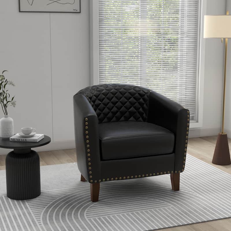 Modern Armchair Faux Leather Nailhead Trim Swivel Accent Chair - Black