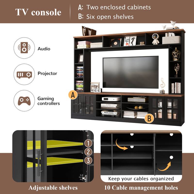 Roomfitters Wall Unit Entertainment Center for up to 80 Inch TV, Media Console with Cabinets and Bookshelves