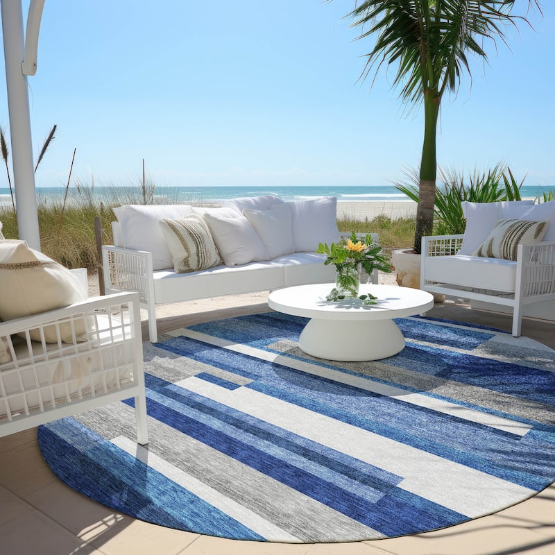 Machine Washable Indoor/ Outdoor Chantille Contempory Stripe Rug - Blue - 8' x 8'