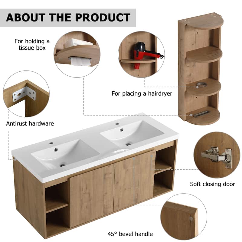 48" Wall-Mounted Bathroom Vanity With Double Sink and Storage Rack, Soft Close Doors,Combination Cabinet