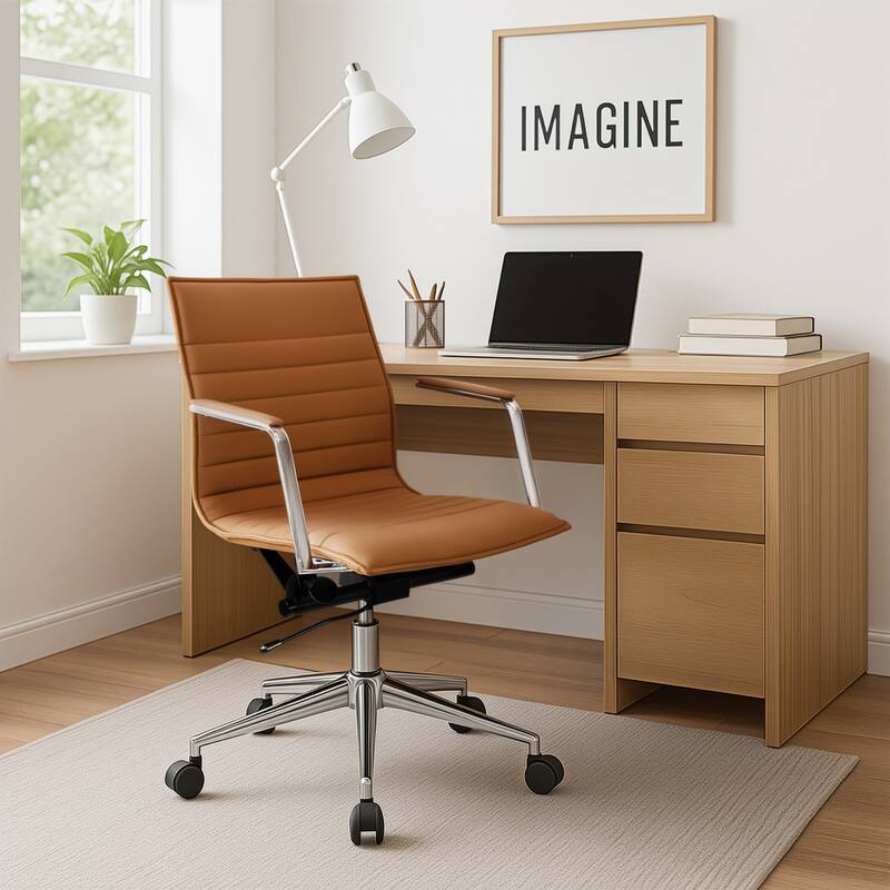 Modern Office Desk Chair | Upholstered PU Leather Ribbed Mid Back with Metal Frame | Adjustable Height, Tilt Lock
