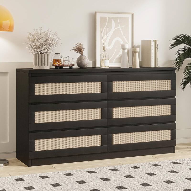 Modern Rattan 6-Drawer Dresser for Bedroom - Slim Wooden Chest of Drawers, Durable Freestanding Storage Organizer - Black