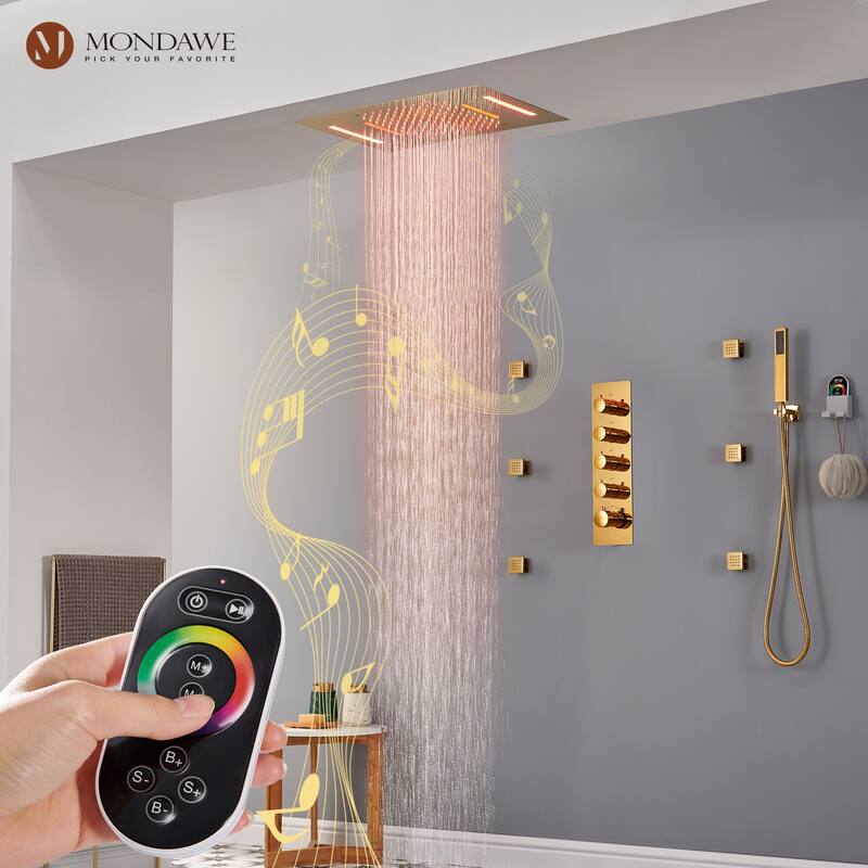 Luxury Gold 4 Functions Wall Mount LED and Music Shower Faucet Thermostatic Shower System