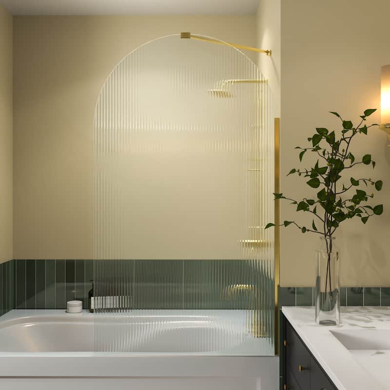 33''x 58'' Bathtub 8mmTempered Glass Frameless Shower Door, Fixed Glass Half Panel in Black/Gold