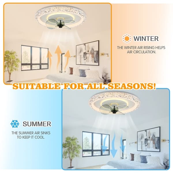 Bella Depot 20" White Modern Flush Mount Ceiling Fan,6- Speed Low Profile Crystal Ceiling Fan with Remote and Dimmable Light