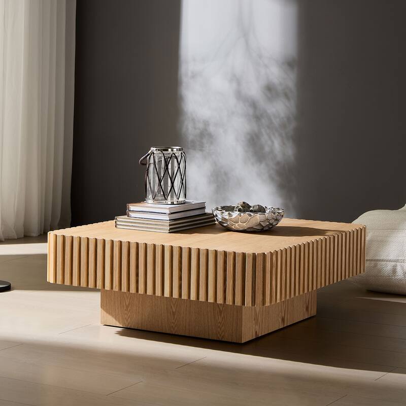 35.43 Inch Handcraft Drum Coffee Table Square Coffee Table for Living Room,Small Wooden Coffee Table with Sturdy MDF Pedesta - Natural Ash